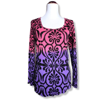 Faith Beaded Scroll Pattern Long Sleeve Knit Top Purple Pink Size Large
