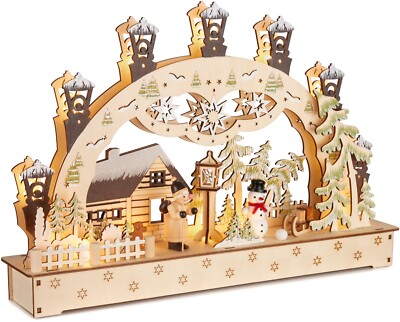 Lichterbogen LED Weihnachten Schwibbogen Holz Weihnachtshaus im Wald 27x40x7,5cm