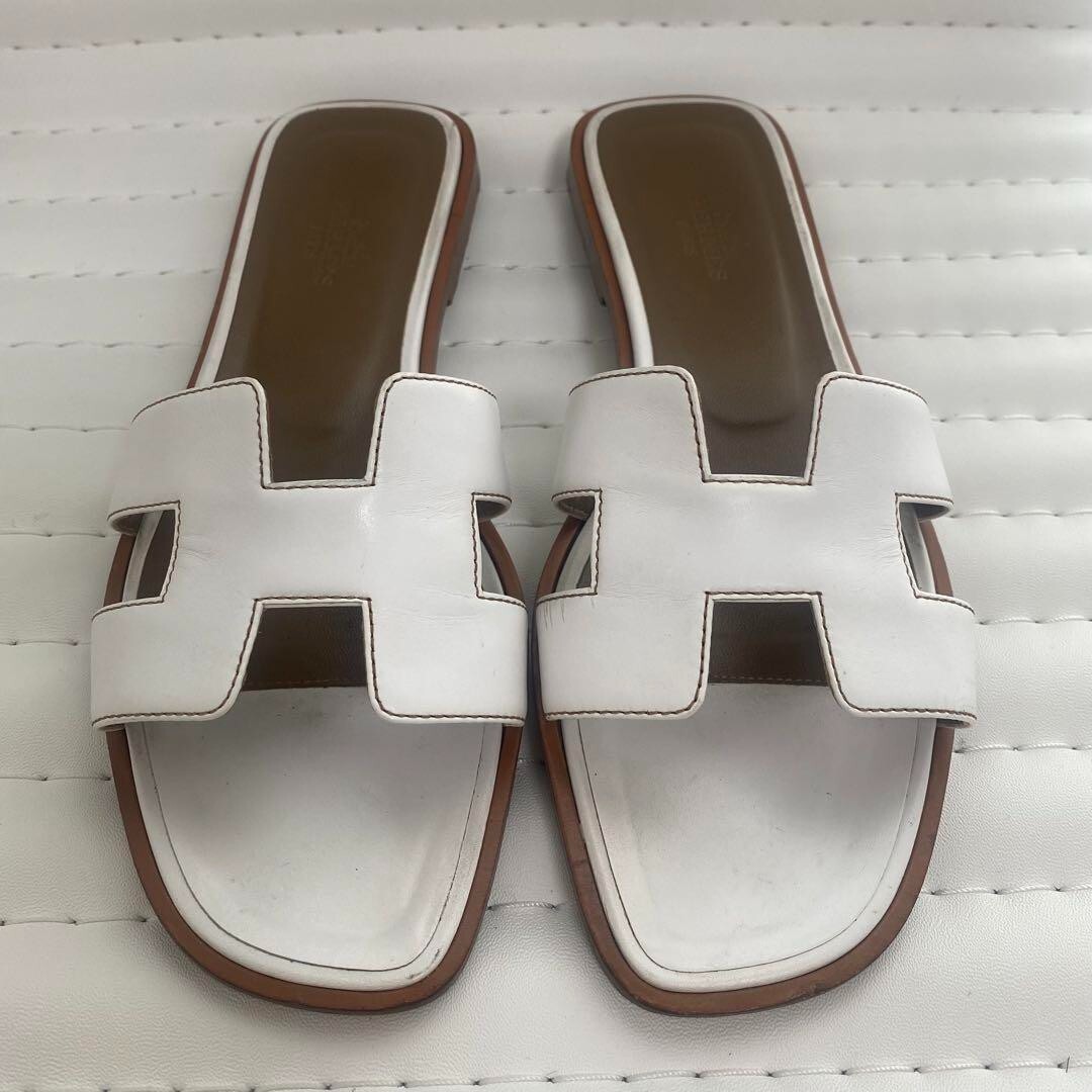 MINT] Hermes Oran H Logo Slide Sandal Mule Flat 36 White Leather | eBay