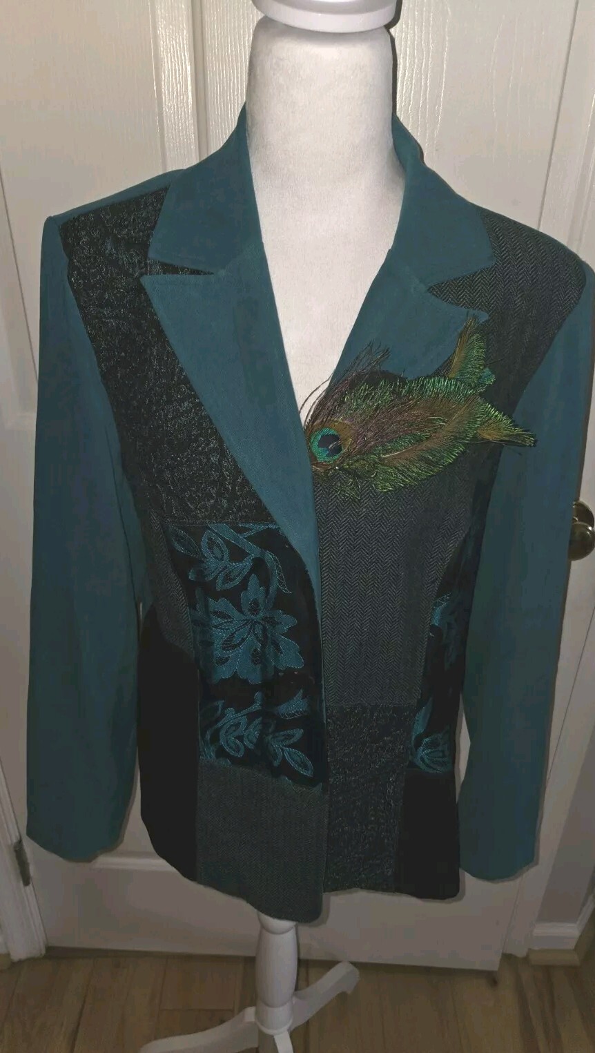 Vtg Notations Patchwork Jacket Teal Blue Green Co… - image 1