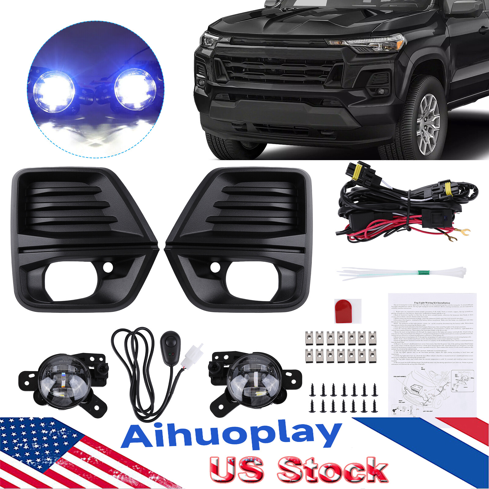 For Chevrolet Colorado 2023-2024 Front Bumper LED Fog Light +Cover+Wire Harness