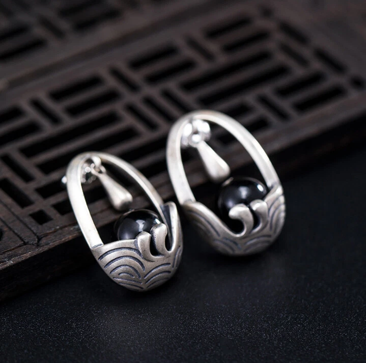 I04 Orecchini Ovale Con Motivo Onde Nero Agata Argento Sterling 925 - Immagine 3 di 4