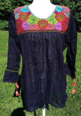 トップス deres / original embroidery blouse Maya Maya Mexican Blouse Top Shirt Embroidered Semi-Sheer Chiapas