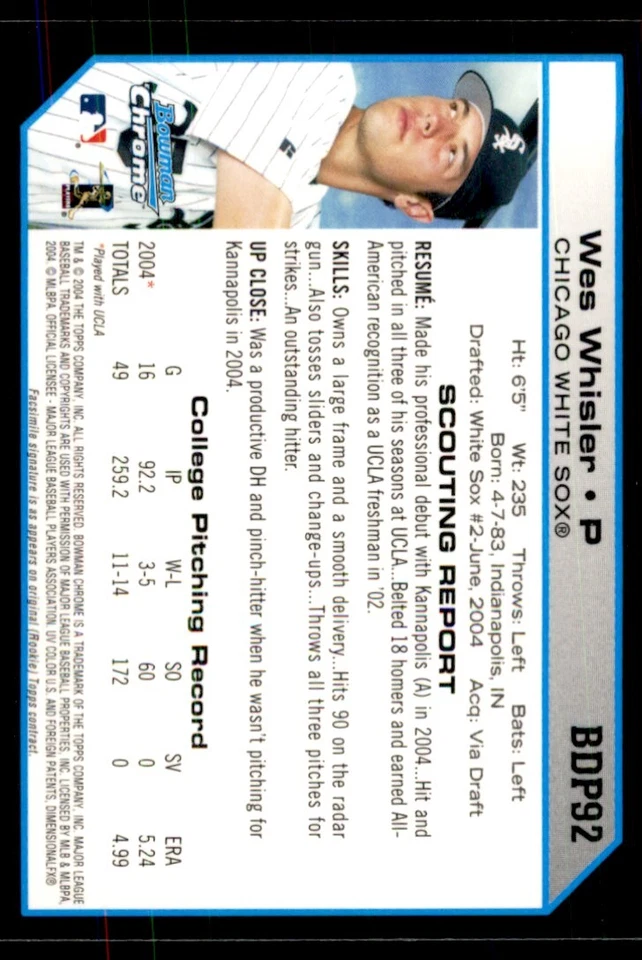 2004 BOWMAN CHROME WES WHISLER CHICAGO WHITE SOX #BDP92 - Image 2 of 2
