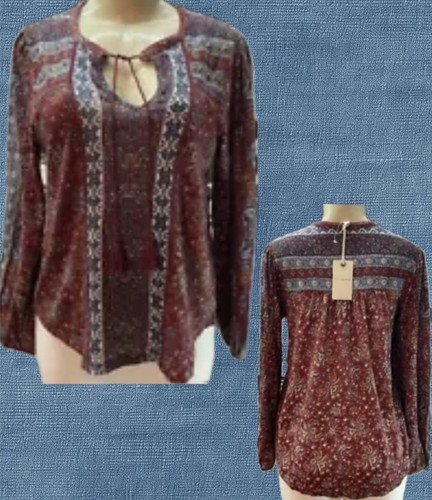 Lucky Brand S Rust Print Tie Tassel Neck Stud Detail Curved Hem Long Sleeve Top