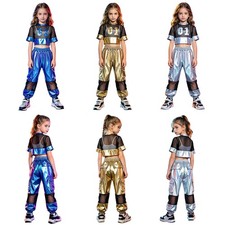 Kids Girls Hip Hop Street Dance 2-Piece Set Cheer Metallic Crop Top Hollow Out