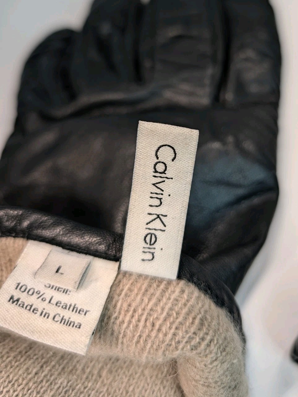 Calvin Klein Mens Black Leather Gloves Size Large Knit Lined Winter Lux Rare EUC thumbnail 3