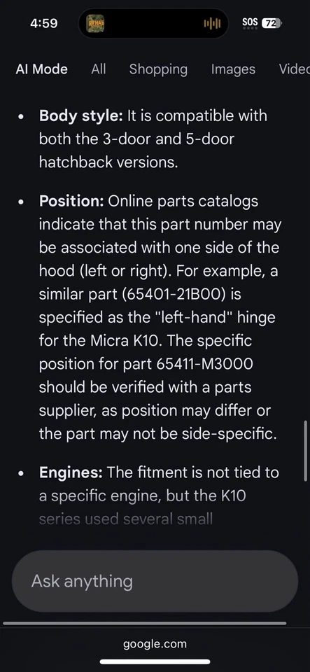 Bisagra de capó vintage nueva genuina OEM Nissan 65411M3000 para Micra K10 1982-1992 Foto 3 de 4