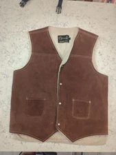 Vtg Sears The Leather Shop Sherpa Lined Vest Sz XL 70s Western