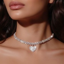 Necklace Choker Silver Heart Charm Crystal Rhinestone Diamante Shine Sparkle