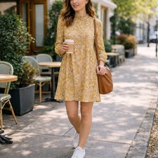 Y.A.S. Lilli UK M Mustard High Neck Smock Dress 3/4 Sleeve Scandi Style