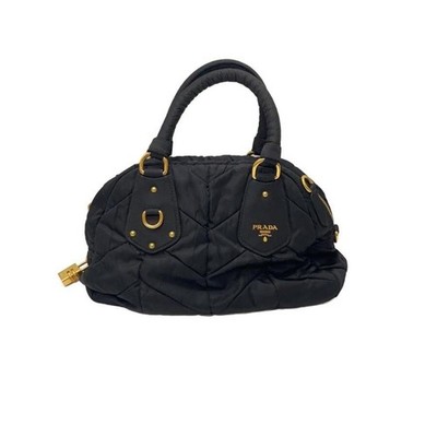 Prada Handtasche schwarz Nylon goldfarben 12,6 Zoll x 7,1 Zoll x 5,1 Zoll aut...