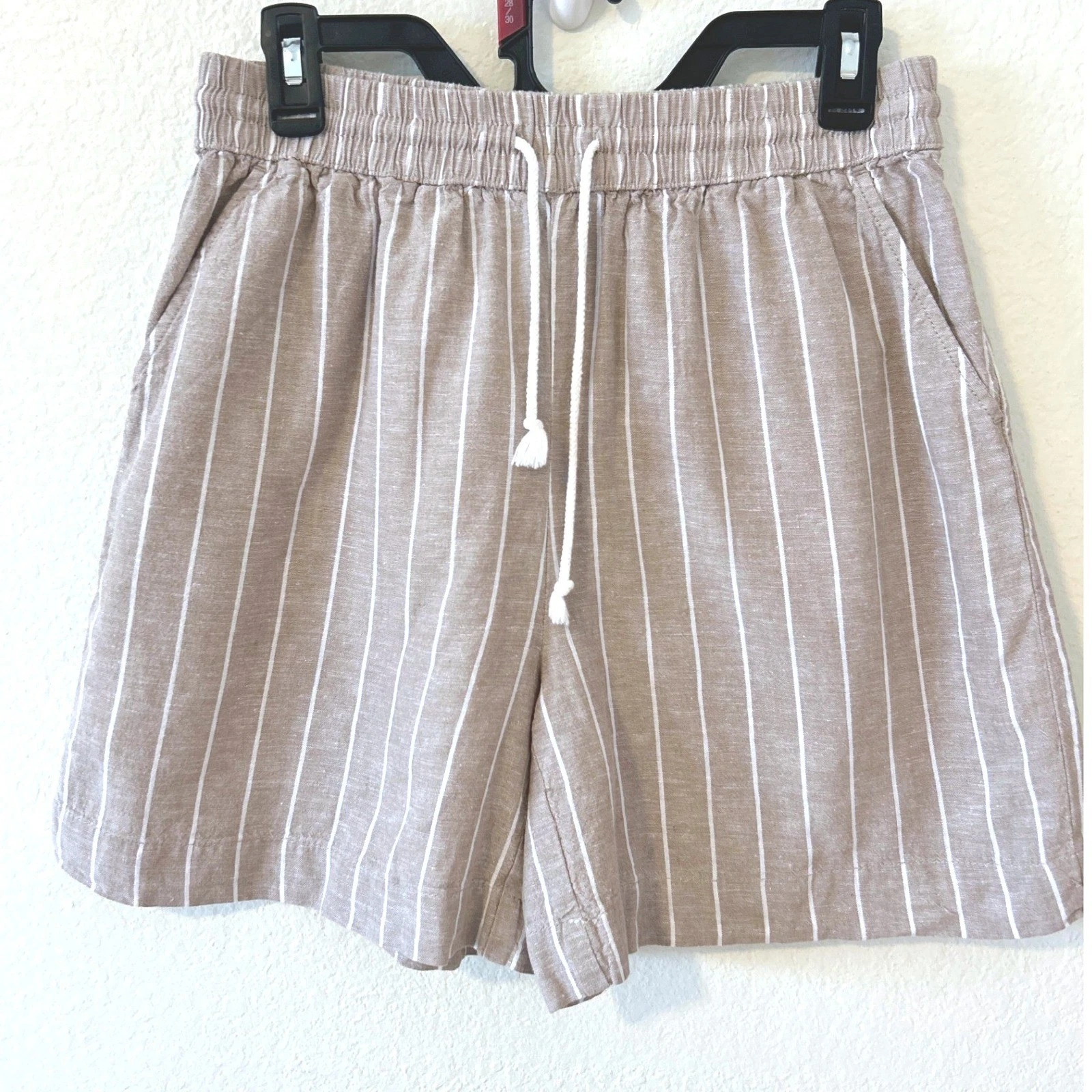 Beachlunchlounge Coastal Striped Linen Blend Drawstring Shorts Tan White SZ S