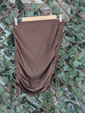 Brown Ruched Mini Skirt Size M   Adjustable Tie Sides   Stretch Bodycon 18/19  