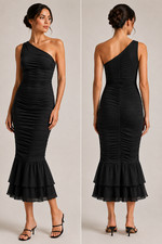 Black One Shoulder Ruched Mermaid Gown Sz Medium Formal Evening Cocktail Dress
