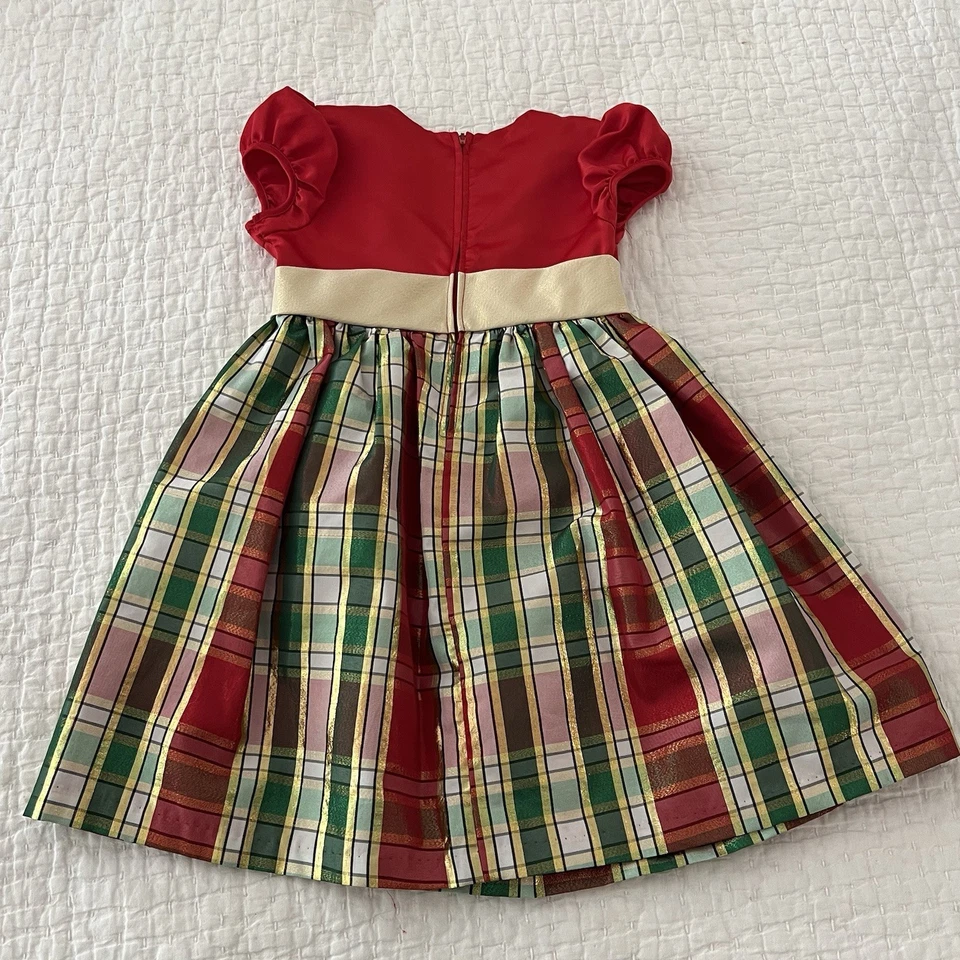 Vestido Bonnie Jean Navidad Vacaciones Niñas 6 Rojo Verde Dorado Cuadros Lazo Fiesta Completo Foto 2 de 4