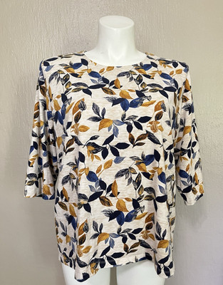CJ Banks Womens Plus Size Crewneck 3/4 Sleeve Tee Tan Blue Gold Leaves 2X