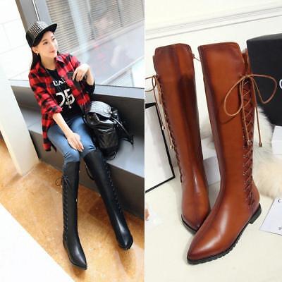 Details about   Womens Pu Leather Riding Pointed Toe Knee High Boots Lace Up Zip Knight Boots