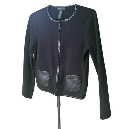 Ralph Lauren Black Suit Jacket Women Medium Fancy Knit Cardigan Zip Pockets - Picture 2 of 19