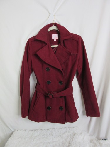 Bongo Pea Coat Dark Red Classic Double Breasted Belted Short Size Small - Picture 4 of 11
