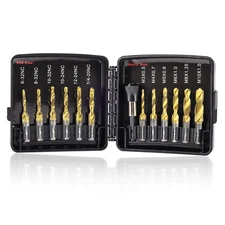 Drill Tap Set with Quick-Change Adapter of 13Pcs, 6 SAE Sizes: 6-32NC to 1/4-20N