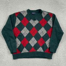 Club Room Sweater Womens XL Green Lambswool Argyle V Neck Knit Preppy Pullover