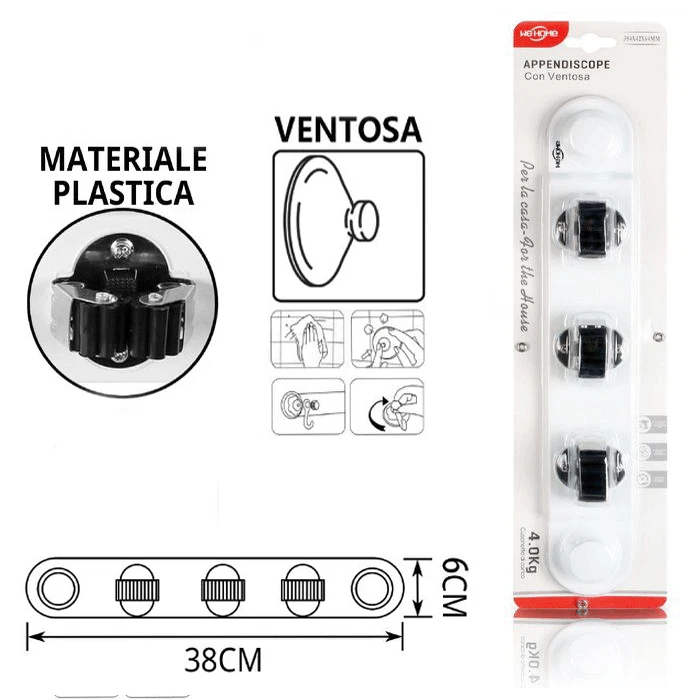 SUPPORTO DA MURO A VENTOSA PORTA SCOPE A GANCIO / MOLLA IN METALLO PORT. 4 Kg - Immagine 3 di 4