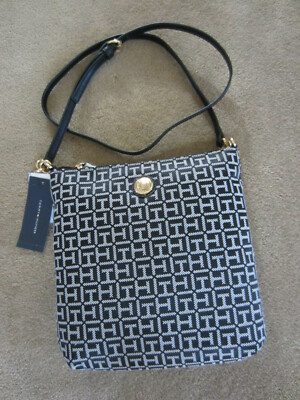 TOMMY HILFIGER MONOGRAM CROSSBODY MESSENGER BAG PURSE Black/White Gold Hardware 