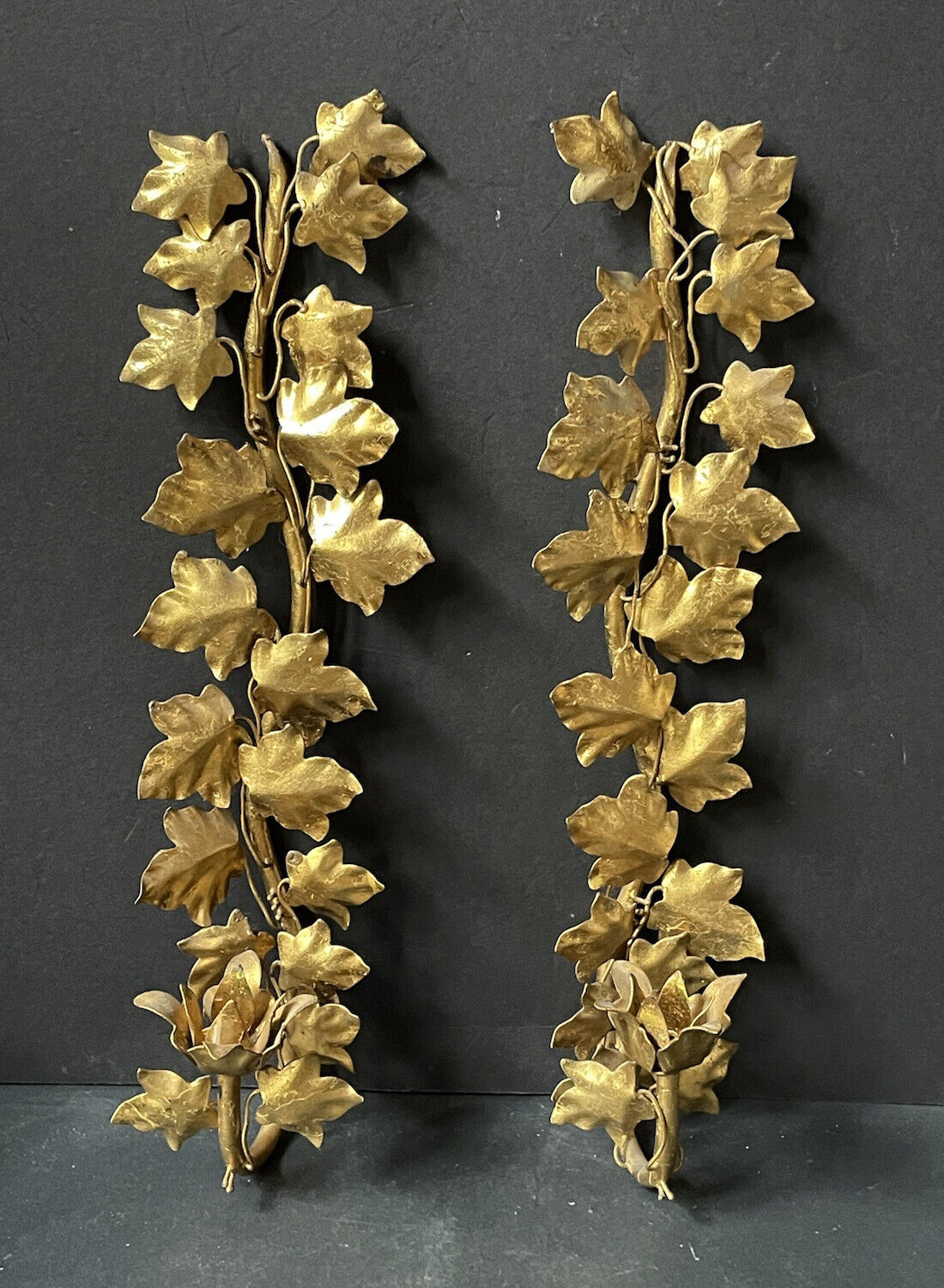 WOW! PAIR Vintage ITALY Candle SCONCES GOLD LEAVES Hollywood Regency Wall METAL Tanie popularne