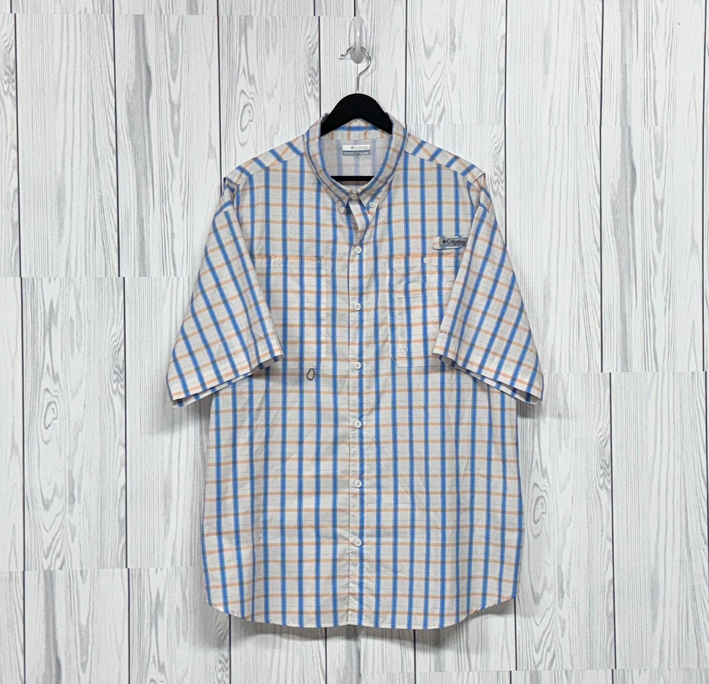 Columbia shirt mens size 2XL short sleeve button down PFG white plaid omni