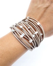 UNIQUE Multi Leather Straps Silver Square Oval Beads Magnetic Wrap Bracelet