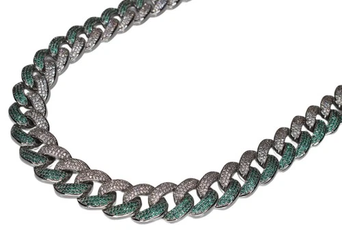 14k STAMPED 16mm 2-Tone GREEN Cuban Miami Necklace 68.6ct Lab Sim Diamond 269g - product listing photo