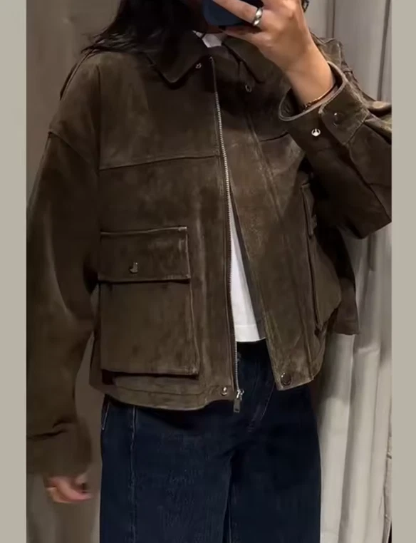 Chaquetas de gamuza vintage con cuello vuelto para mujer de moda manga completa bolsillo en el pecho Foto 3 de 4