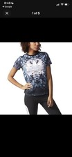 Adidas Romantic Woods Print T-Shirt Size UK 16 Black Blue Floral