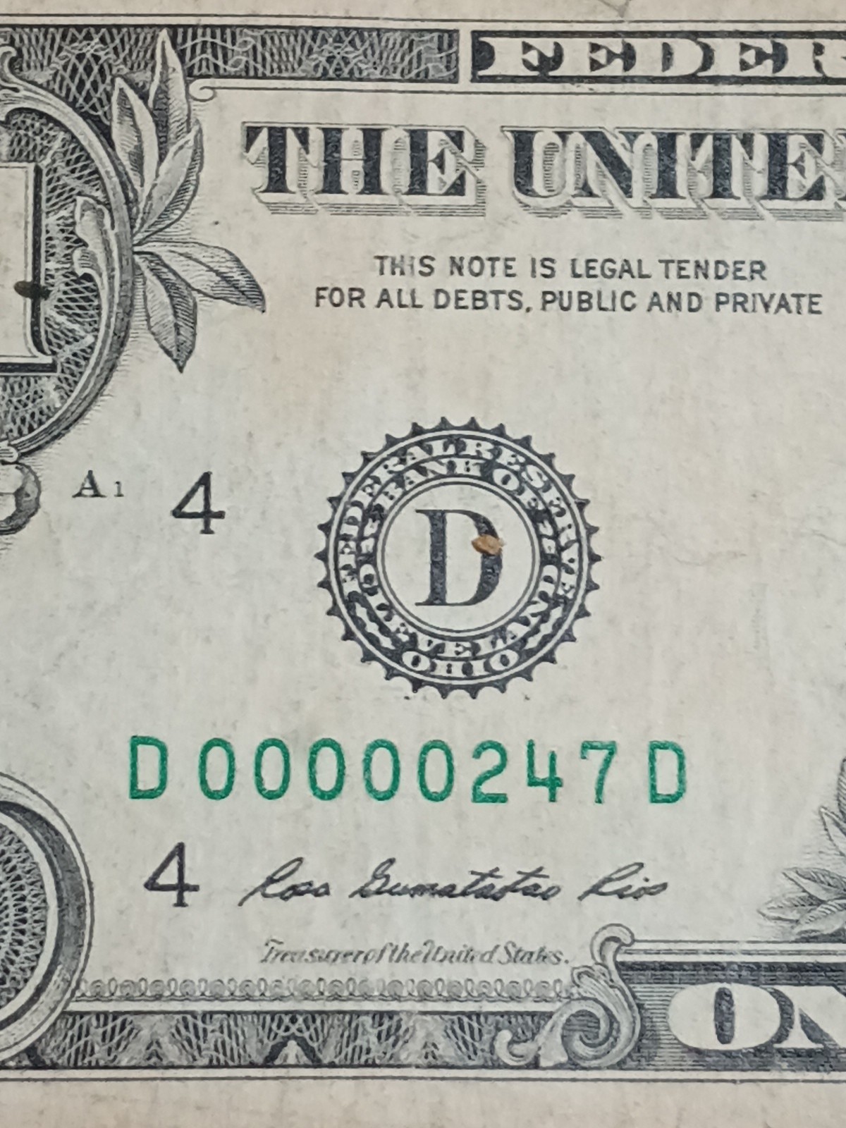 2009 $1 D CLEVELAND BEP D-D BLOCK EXTREMELY LOW SERIAL NUMBER 5 ZEROS N FRONT 