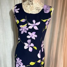 Vtg 90s Y2K Floral Sheath Midi Dress Navy Blue Lilac Flower FAIRY Coquette 10/12