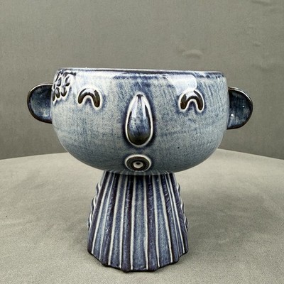 Blue Ceramic Face Planter Art Vase Sculptural Pot Modern Boho Decor Unique