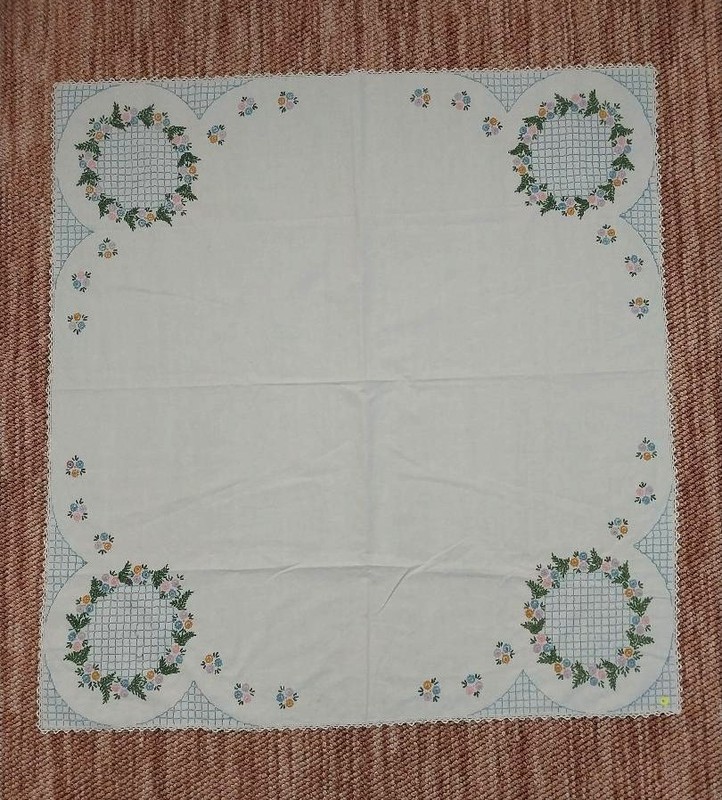 Vintage tablecloth cotton with embroidered floral and grid detail, 50" square