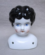 2.75" Antique Porcelain Doll Head 2C Low Brow, Wavy Black Hair, Blue Eyes