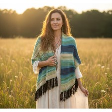 NEW Blue Green Beige Hand Knitted Shawl Scarf Wrap Boho Festival Coastal Indie