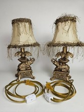 Pair Of Vintage Gold Finish Elephant Accent Lamp Fringe Bell Shade Working
