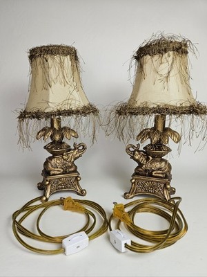 Pair Of Vintage Gold Finish Elephant Accent Lamp Fringe Bell Shade Working 