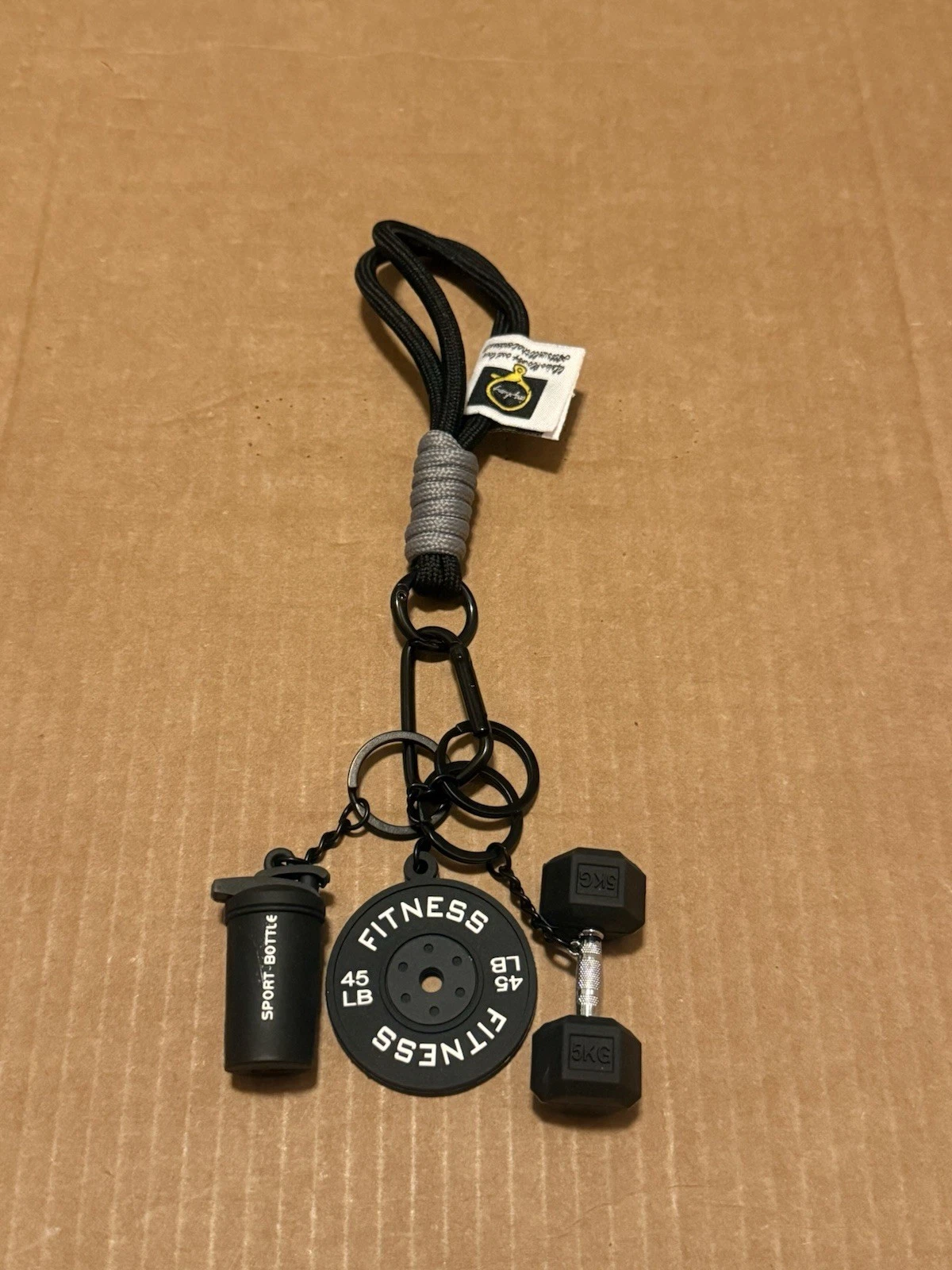 Black Fitness Dumbbell Keychain Set w/ Wrist Strap Gym Bag Charm