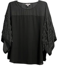 JM Collection Top Size Medium Black White Polka Dot Kimono Sleeves Tassels