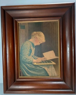 Vintage ALBERT ANKER Prairie Girl School Setting Framed Art 11''x9''