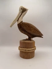 Wood Carved 10.5" Pelican on Wood Log Base Rope Painted Stained Statue Figure