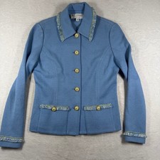 St. John Collection Marie Gray Blue Santana Knit Fringe Blazer Jacket Size 4 USA
