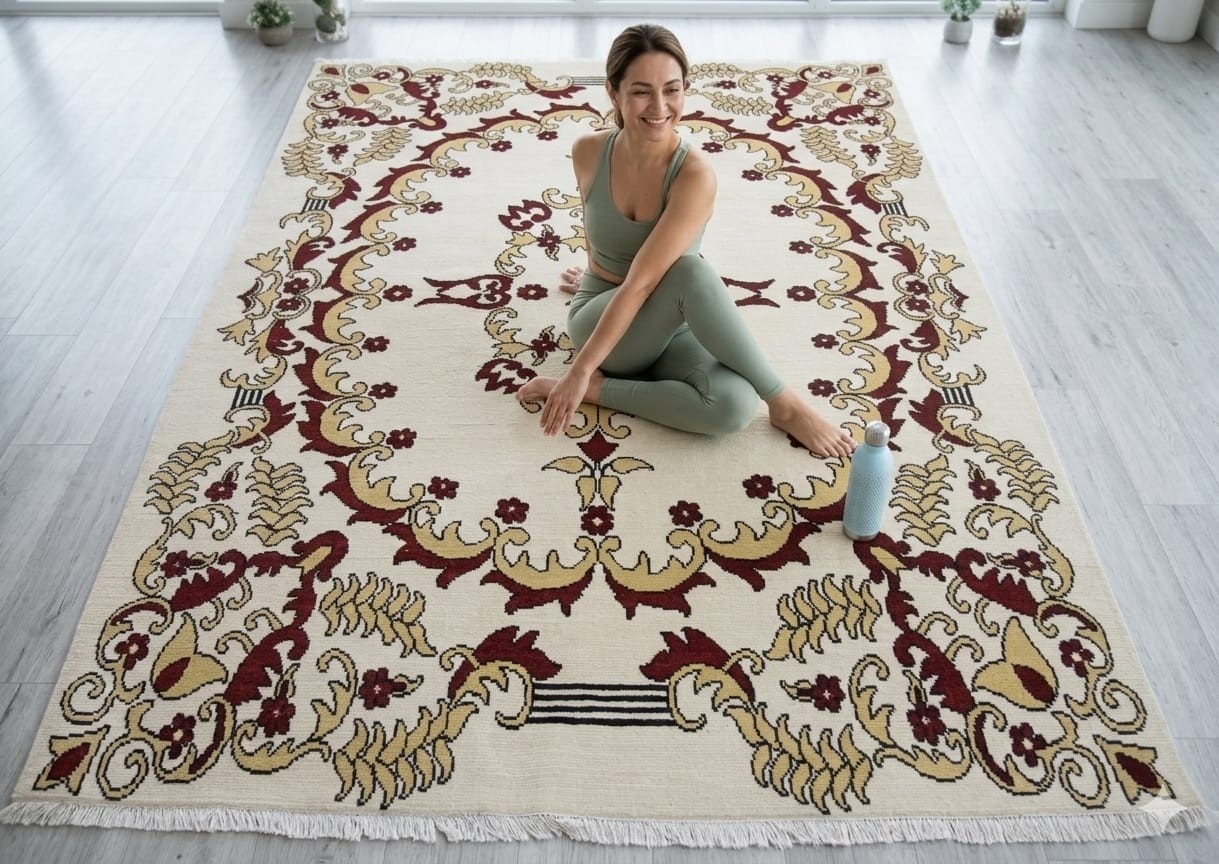 8x10 handknotted traditional style area rug in red and cream