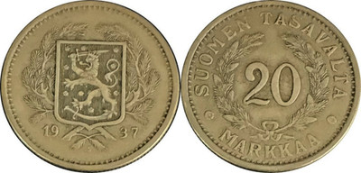 1937 FINLAND 20 MARKKAAGOOD DETAILS