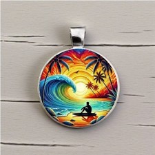 Beach Wave Art Design Round Glass Art Pendant / Charm No Chain